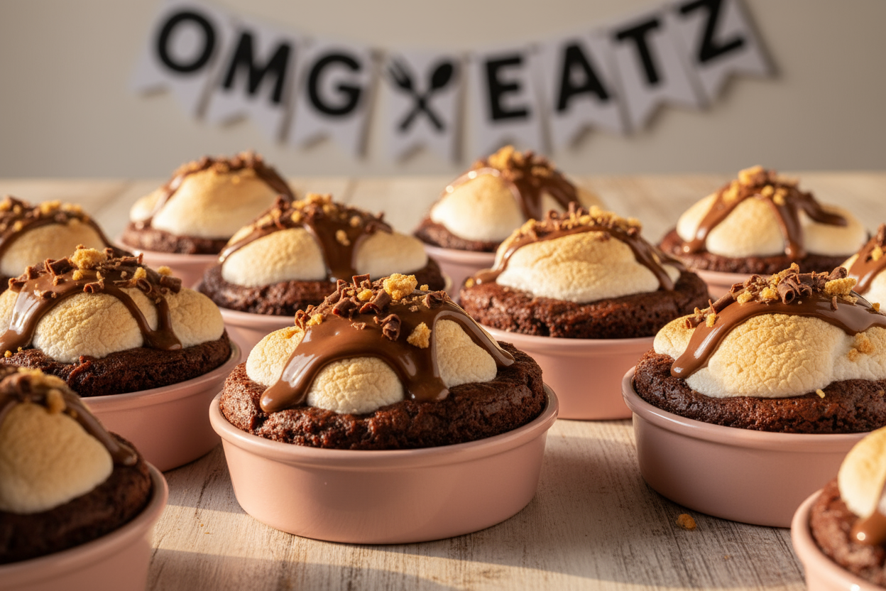 mini s'mores brownies in individual mini pink pan with OMG EATZ background