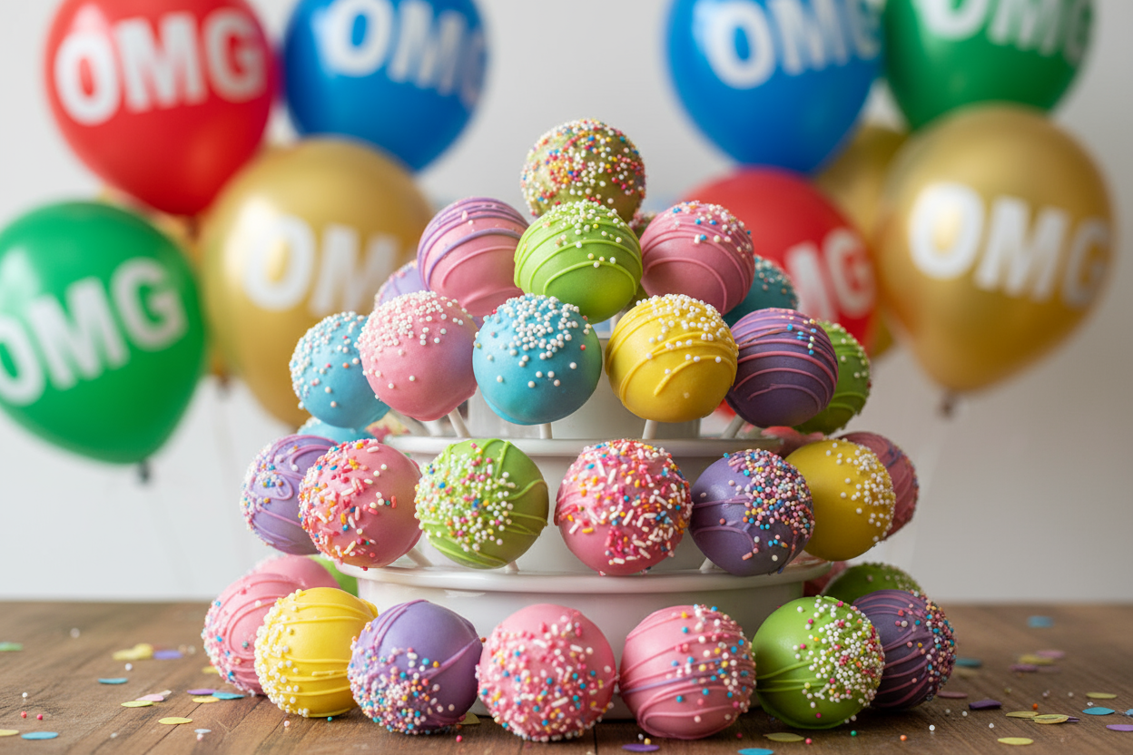 multiple cake Pops with sprinkle on some with OMG balloon background