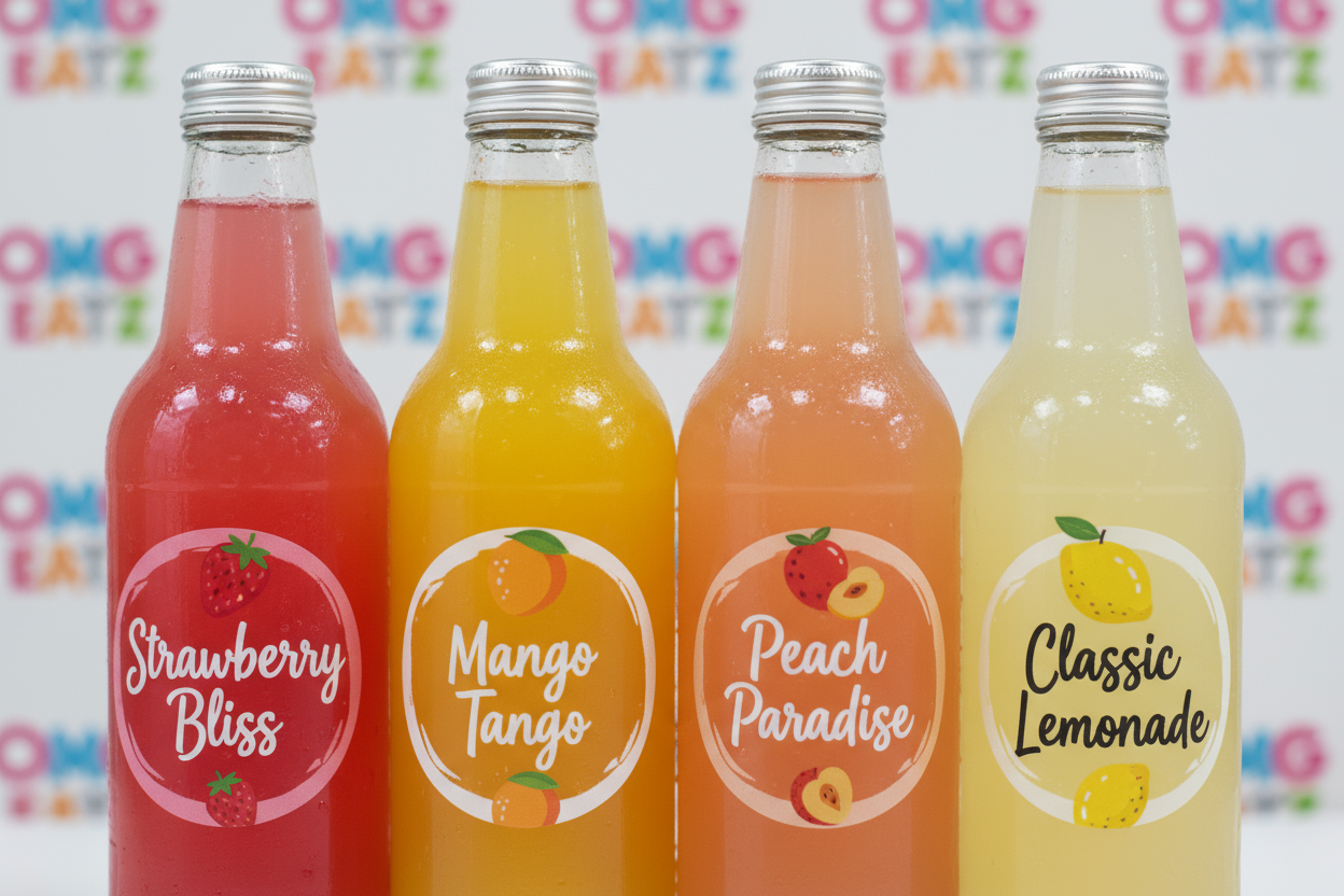 multiple fruit flavored lemonades in a bottle with a top with OMG EATZ background