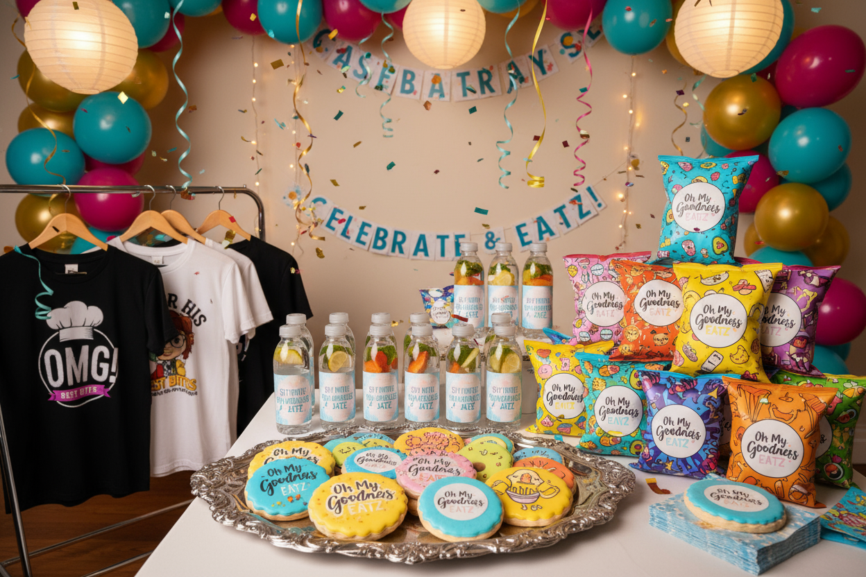custom chip bags, custom water bottle labels, custom t-shirts, custom cookies in a oh My goodness eatz background party
