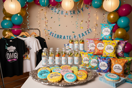 custom chip bags, custom water bottle labels, custom t-shirts, custom cookies in a oh My goodness eatz background party
