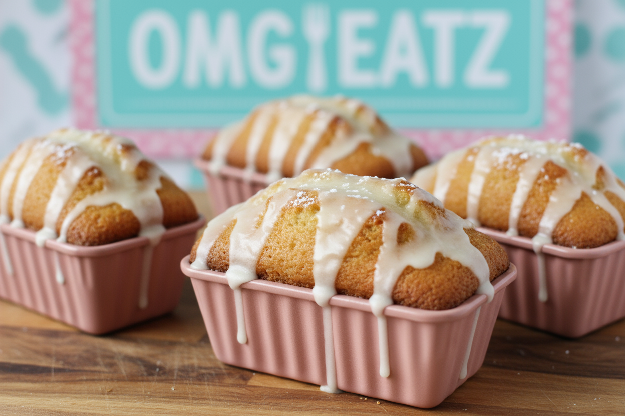 mini cake loaves in a separate pink min pans with drizzle on them with an OMG EAtz background