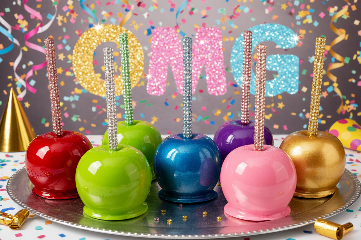 multiple different color candy apples with rhinestone stick with OMG party background