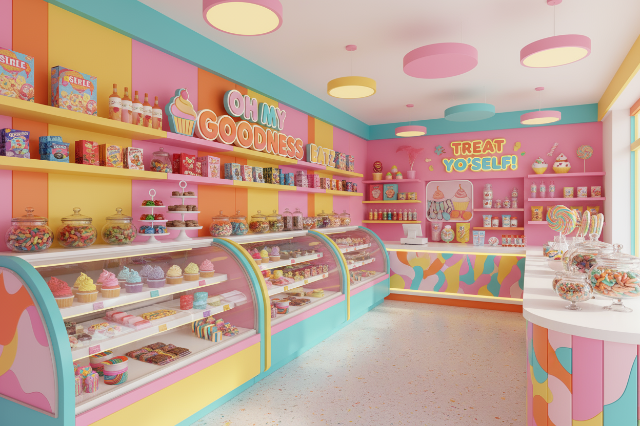 Oh My Goodness Eatz treat shop inside with bright colors no humans 