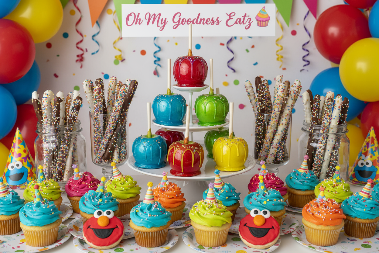 party themed candy apples, chocolate covered pretzel sticks with sprinkles, party cupcakes, Elmo cookies with oh My goodness eatz party background