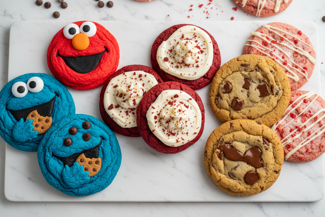 sample cookies like red velvet, Elmo, cookie monster, chocolate chip cookies, strawberry crunch