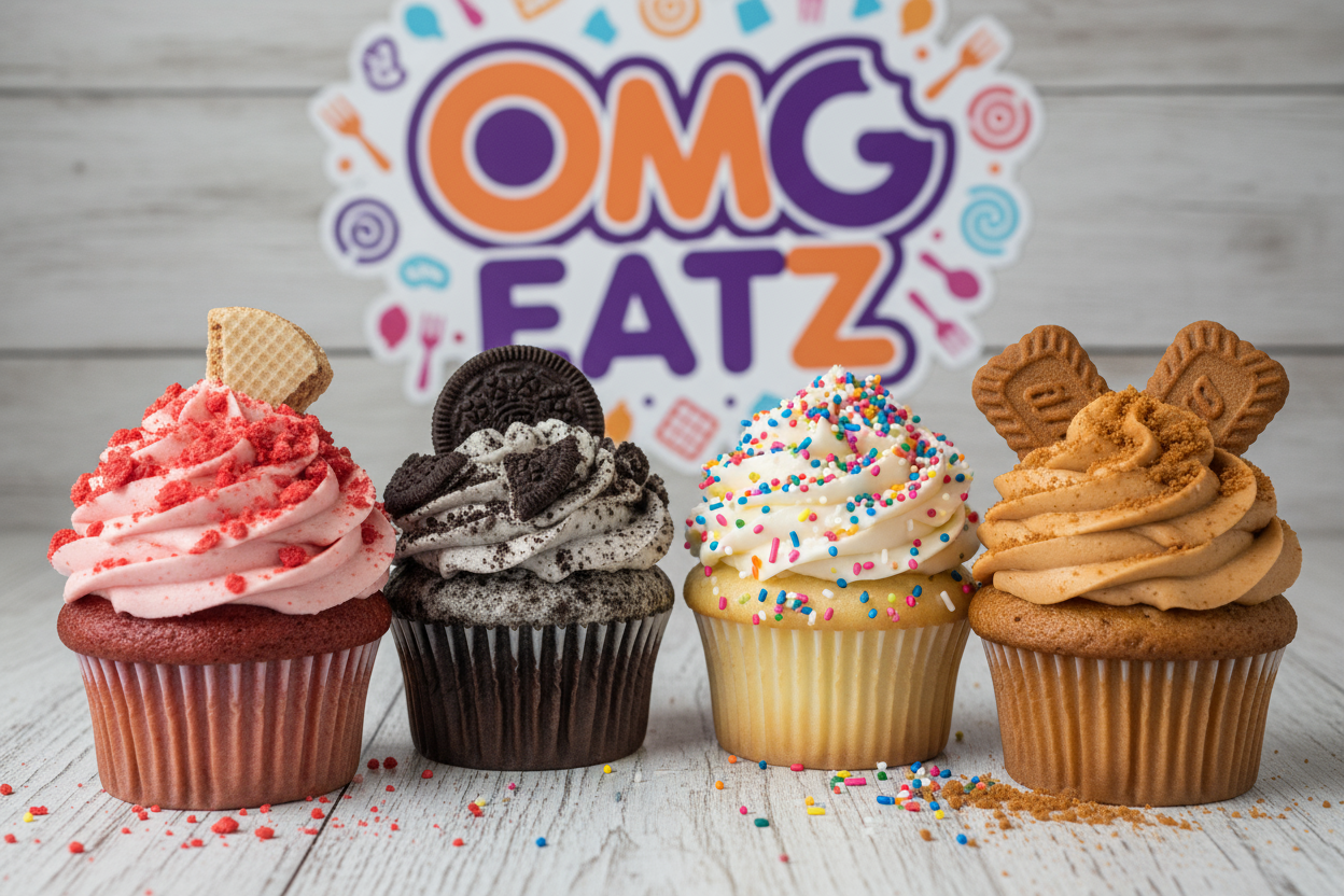 sample cupcakes like strawberry crunch, cookies and cream, vanilla with sprinkles, biscoff cupcake in a OMG EATZ background